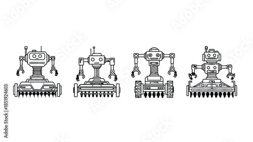 Four unique robots with distinct designs and tools on white background