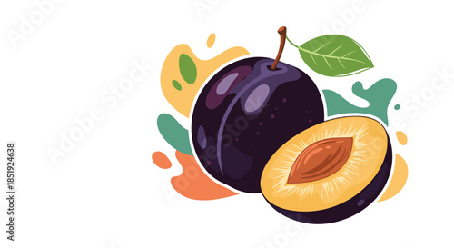Delicious whole plum and a perfectly sliced half plum revealing its pit, with soft, abstract colorful shapes in the background.
