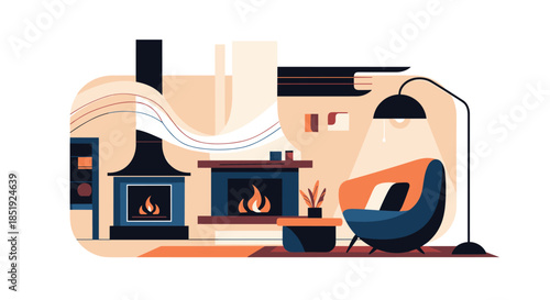 Cozy and inviting living room interior with two warm fireplaces, a comfortable armchair, and a stylish floor lamp, set in warm tones.