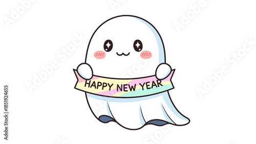A cartoon ghost character happily holds a colorful banner announcing the new year