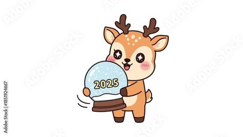 Cartoon reindeer holds a snow globe with 2025 on it