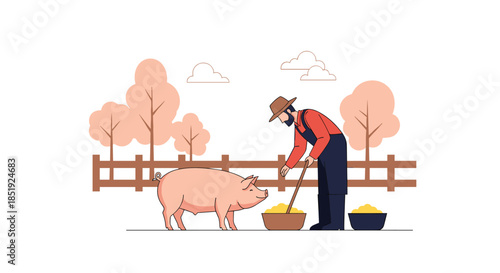 Dedicated farmer feeding a pig in a rustic farm setting, surrounded by a wooden fence and trees, depicting traditional agriculture.