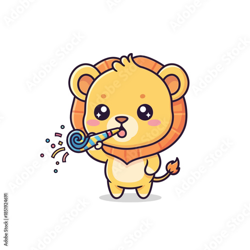 A cartoon lion character happily blows a colorful candy