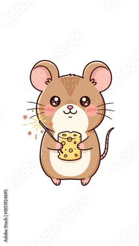 A cartoon mouse holds cheese and sparkler standing