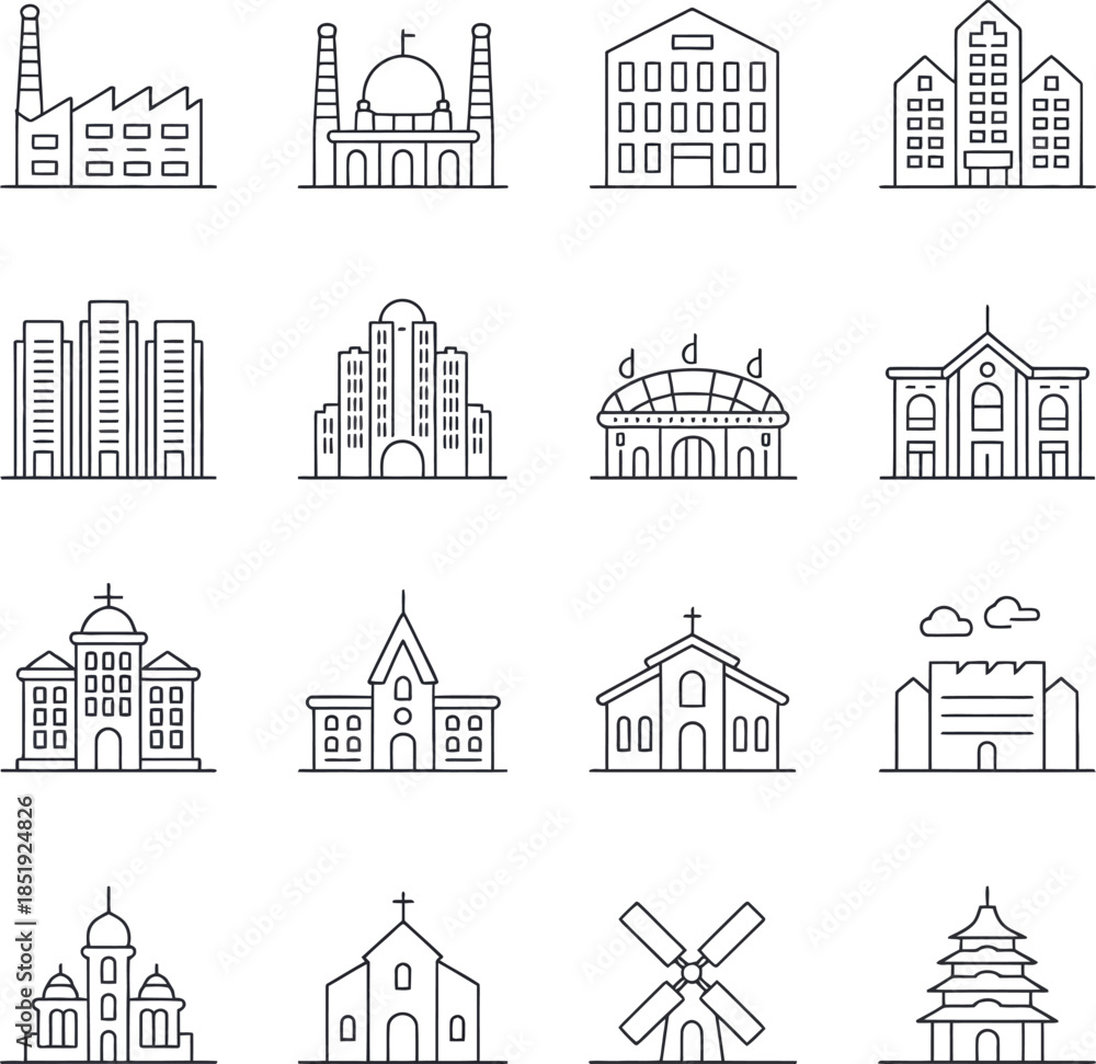 Fototapeta premium Collection of Minimalist Line Art Buildings Icons - Architecture Vector Graphics for Design Projects