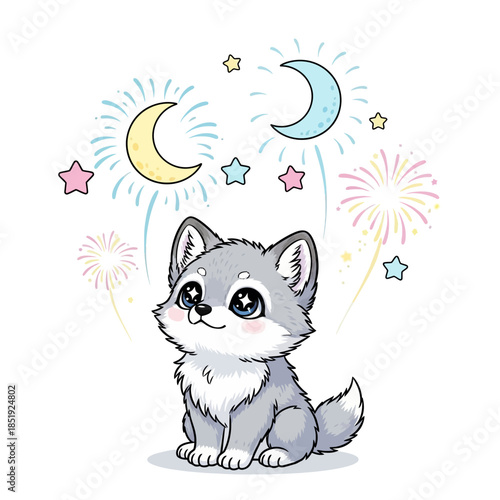 A cartoon dog enjoys a festive display of fireworks and stars under the crescent moon