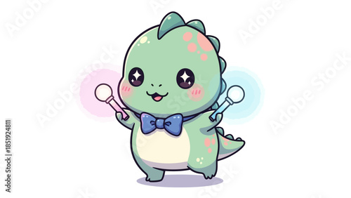 A cartoon character dinosaur happily performs with drumsticks in a playful scene