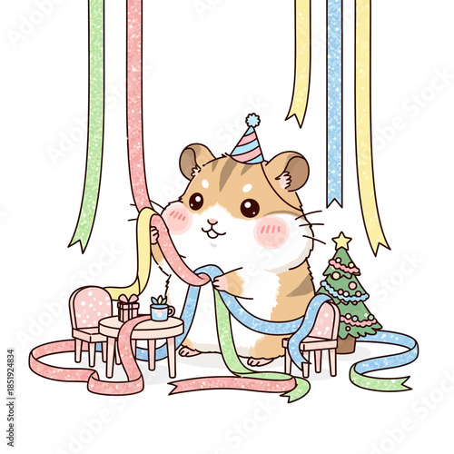 A cartoon hamster celebrates Christmas with decorations and festive streamers in a joyful scene
