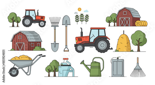 Comprehensive collection of essential farm-related items, including tractors, barns, hay bales, various tools, and a wheelbarrow, representing agriculture.