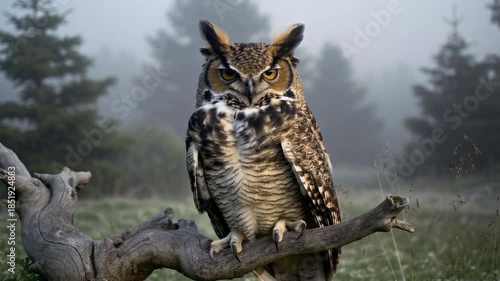 Owl sits on branch in misty forest at dawn with trees in the background