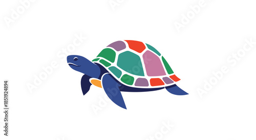 Vibrantly colored turtle with a segmented shell, illustrated with a modern and abstract geometric design, swimming gracefully.
