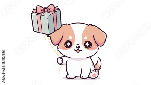 A cute cartoon dog holds a gift box on a string