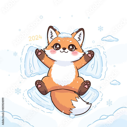 A cartoon fox character plays in snowy weather with ice blocks