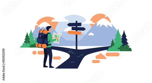 A male hiker standing at a crossroads in the mountains, holding a map and deciding on his path, symbolizing choice and adventure.