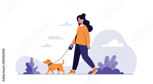 A cheerful woman taking her small, adorable dog for a walk in a serene park, enjoying the fresh air and a lovely day outdoors.