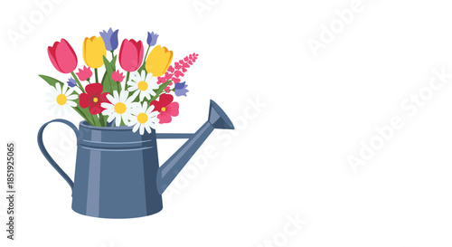 A beautiful blue watering can overflowing with a vibrant assortment of colorful spring and summer flowers, symbolizing gardening and growth.