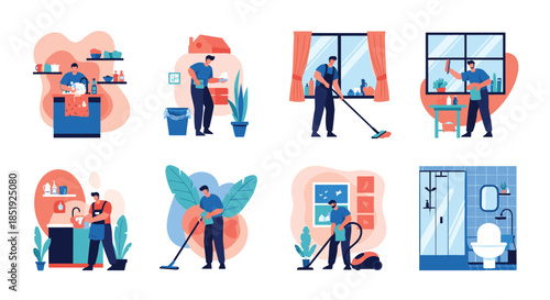 A comprehensive set of illustrations depicting men performing various household cleaning tasks, including washing dishes, mopping floors, and cleaning bathrooms.