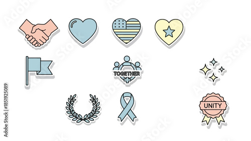 Diverse symbols of unity, support, and achievement create a positive and inclusive message.