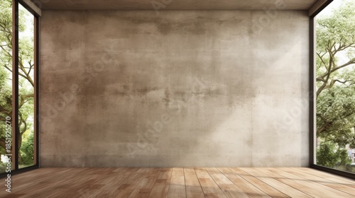 A minimalistic interior space featuring concrete walls and wooden flooring, with large windows showcasing greenery outside.