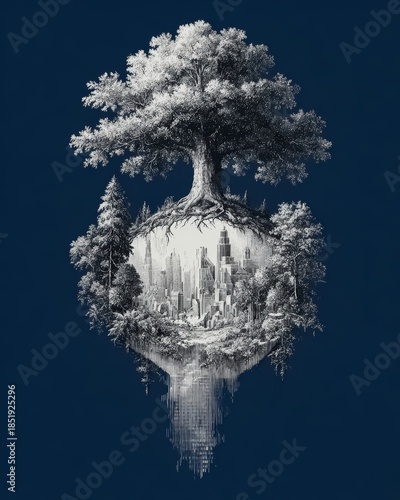 Tree is growing out of a globe. The globe is surrounded by a cityscape