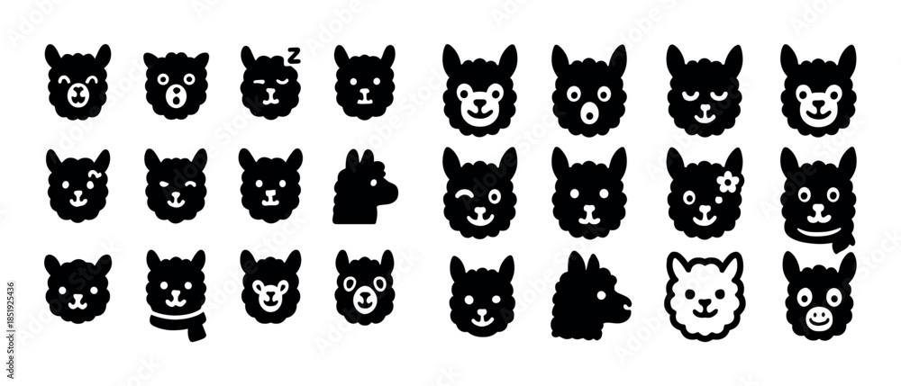 Fototapeta premium Cute alpaca emoji set featuring various expressions in black sil
