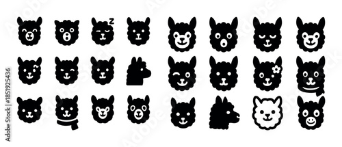 Cute alpaca emoji set featuring various expressions in black sil