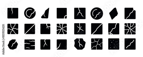 Crack patterns set: diverse fracture textures in minimalist blac
