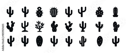 Set of 20 cactus silhouette icons in various shapes and styles o