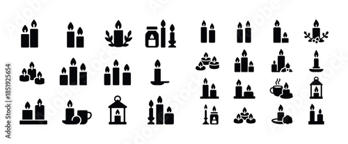 Black candle icon set variety with flame designs