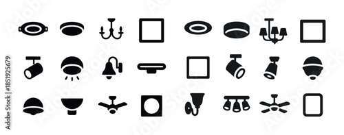 Collection of modern lighting fixture icons in black and white