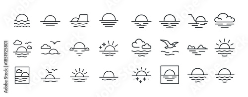 Minimalist sunrise and sunset icon set with clouds and birds