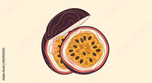 Two halves of a fresh passion fruit, revealing its vibrant yellow pulp and numerous black seeds, set against a soft, warm background with abstract lines.