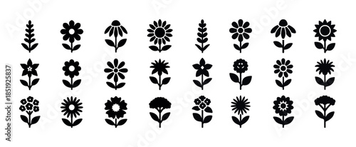 Collection of various black silhouette flower icons