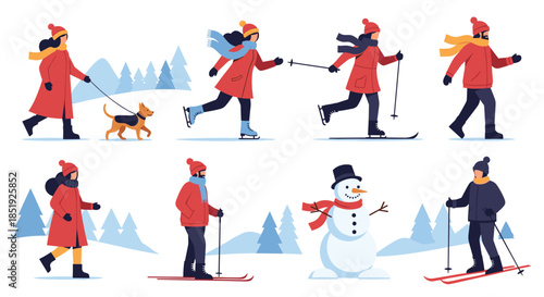 A lively collection of people engaging in joyful winter activities, including ice skating, cross-country skiing, walking a dog, and building a friendly snowman.