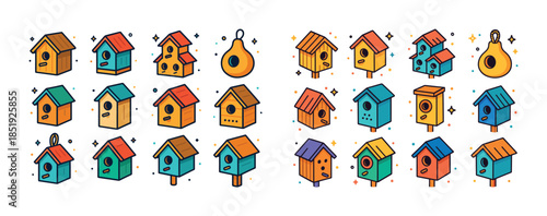 Colorful cartoon birdhouses in various shapes and designs