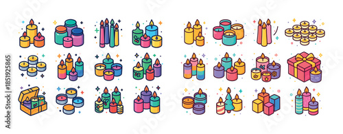 Colorful candle collection: decorative votives and gift box disp