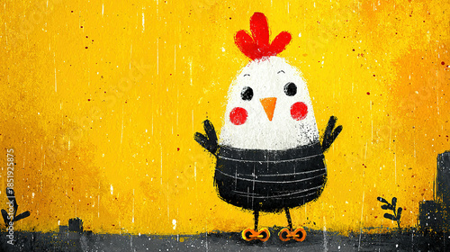 Cute cartoon chicken with a cheerful expression on a yellow background.