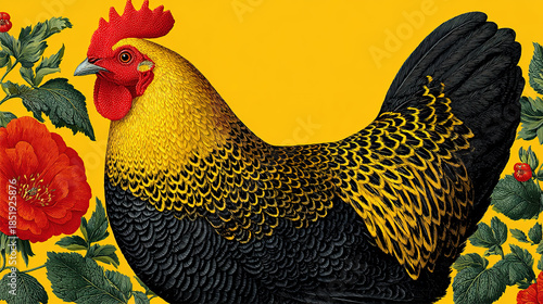 Vibrant illustration of a detailed rooster surrounded by flowering plants against a yellow background.
