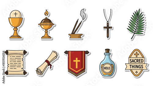 Collection of religious symbols and items for worship and ceremony