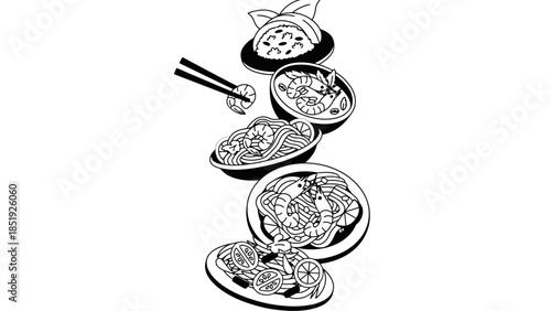 Delicious Asian dishes with chopsticks and various bowls