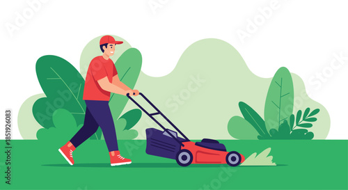 A cheerful man diligently pushing a lawnmower across a vibrant green lawn, maintaining the garden with care and enjoying the outdoor activity.