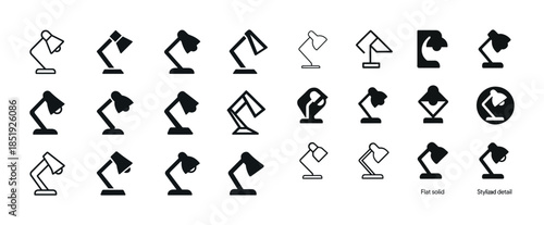 Set of 20 desk lamp icons in various styles and designs