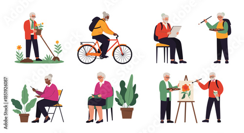 A delightful collection of elderly people enjoying various hobbies and leisure activities, including gardening, cycling, reading, and painting, promoting active aging.