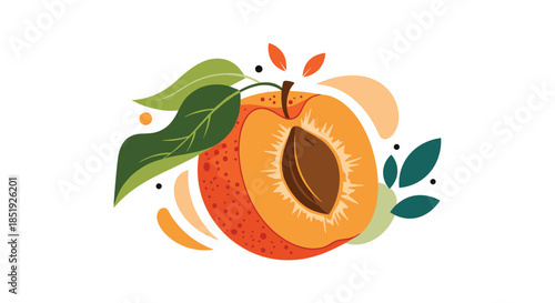 A fresh and vibrant apricot, presented as a whole fruit and a halved section revealing its pit, surrounded by abstract, organic design elements.