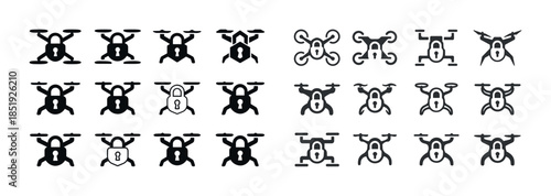 Drone icon set: various designs of security lock drone symbols