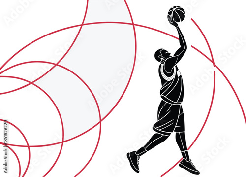 An artistic vector illustration featuring a basketball player silhouette and diverse athletes in action, capturing the speed and competition of sports like soccer and football for team game fun