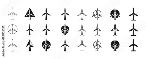 Collection of wind turbine icons in various styles and designs