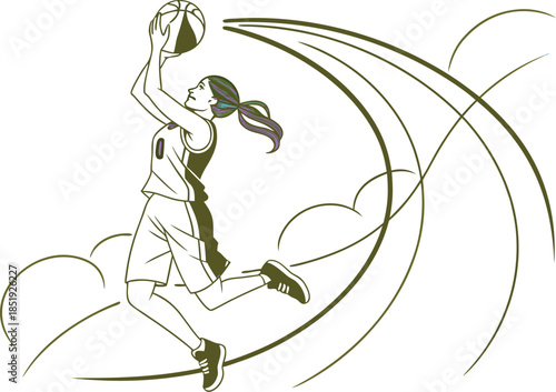 Artistic vector illustration of a girl with a bow and flower featuring a woman in a dance action silhouette sketch