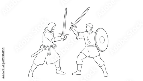 Two medieval warriors engaged in a fierce sword battle