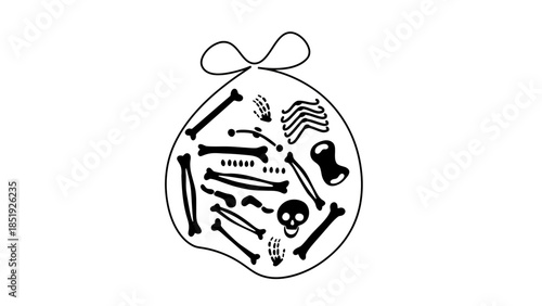 Spooky bones and skull in a creepy gift bag illustration